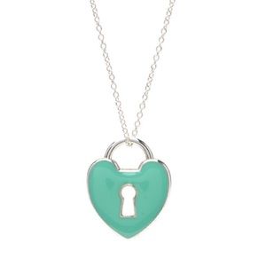 Tiffany & Co Blue Enamel Heart Lock Charm Pendant Necklace Sterling Silver